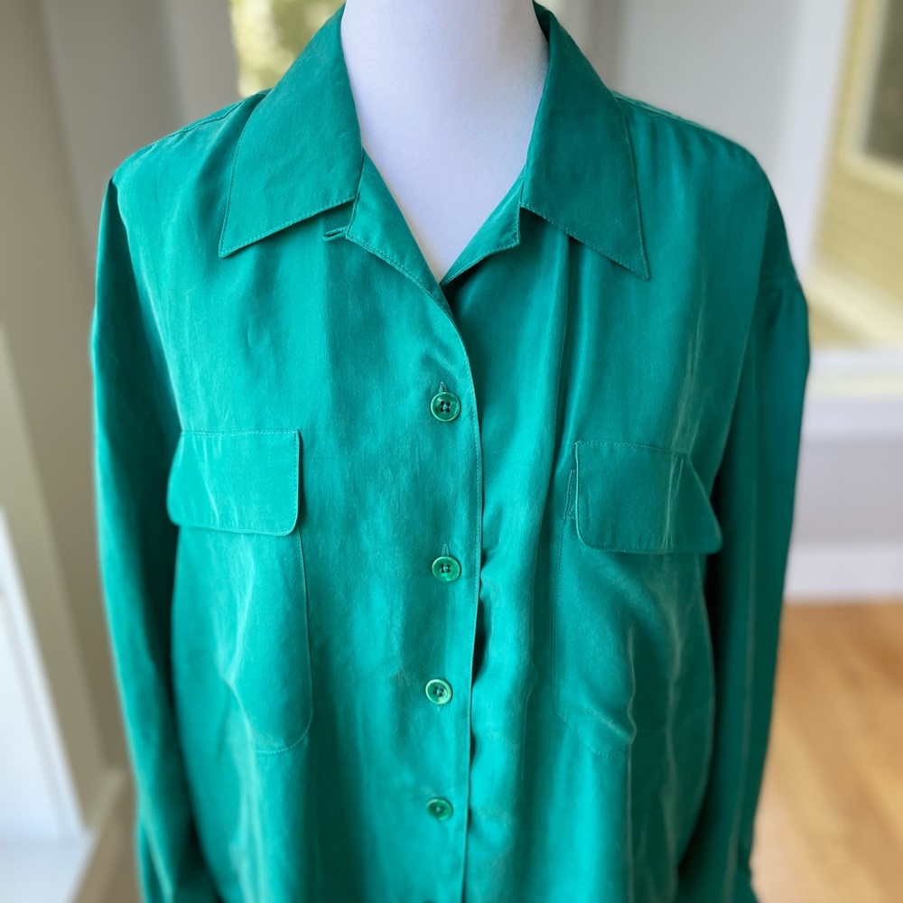 Vintage Teal 100% Silk Oversized Button Down Shirt Size Medium 80s 90s